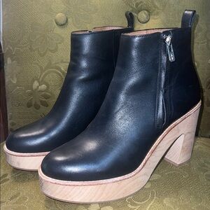 Black Leather Ankle Boots with Wooden Heel